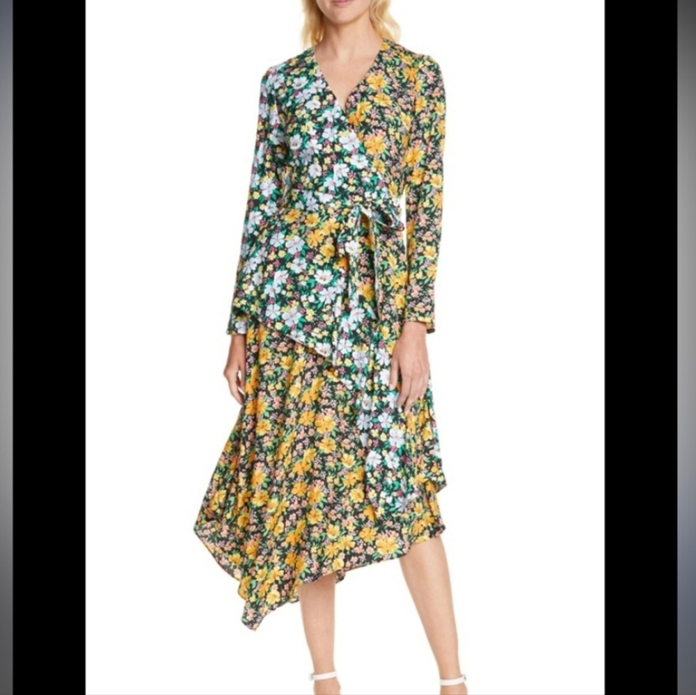 Maje Roen Asymmetrical 2 Tone Floral Long Sleeve Midi Dress 1 U.S. Small